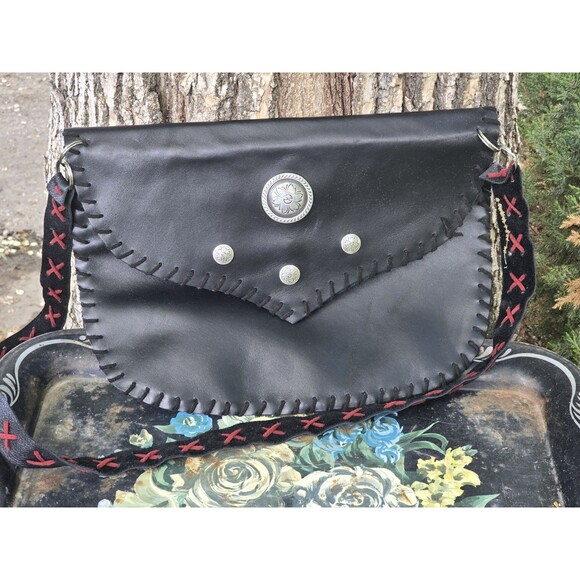 Handmade Leather Motorcycle Style Crossbody Black - Picture 1 of 5